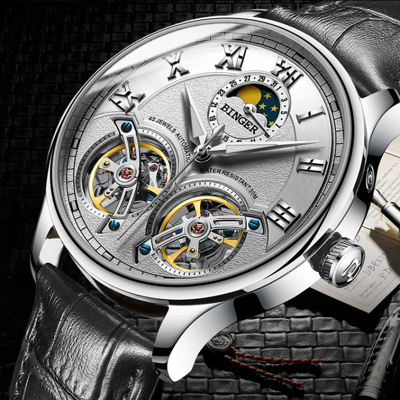 Швейцарские мужские часы, люксовый бренд, BINGER, модные, Montre, двойные Tourbillon, механические часы, мужские, фаза Луны, водонепроницаемые, светящиеся