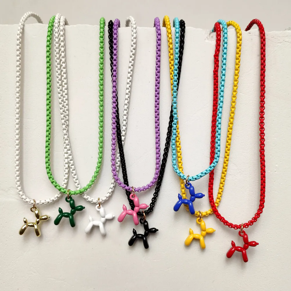 2021 Korea Multicolor Poodle Balloon Dog Pendant Necklace For Women Rainbow Enamel Metal Chain Animal Choker Necklaces Jewelry | Украшения