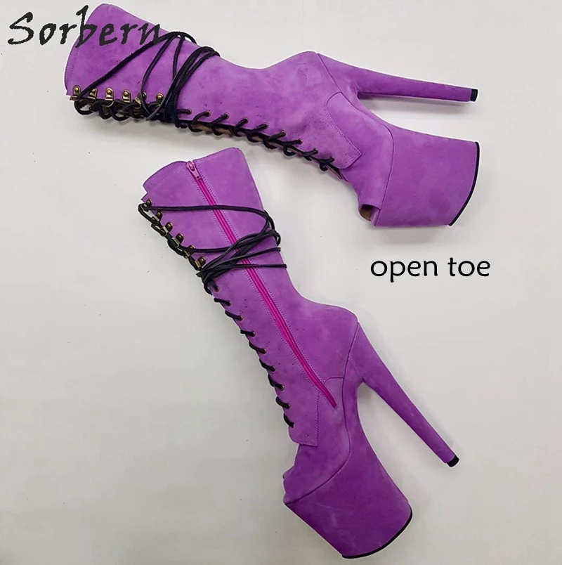 Peep Toe Lilac Sorbern/сиреневые сапоги до середины икры на платформе; Женская Осенняя обувь; зеленые сапоги на высоком каблуке 8 дюймов; Дизайнерские Сапоги на заказ; Разноцветные сапоги - Цвет: Peep Toe Lilac