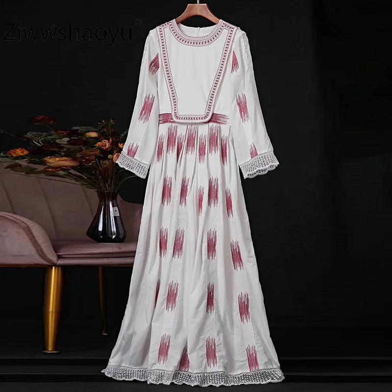 

Ziwwshaoyu 2020 New Spring Summer Designer High Quality Embroidery Long Sleeve Elegant Party White Maxi Dresses Women's