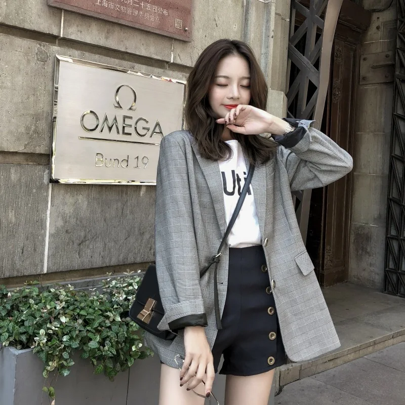 

CHIC Plaid Graceful Suit Jacket Women's Mid-length 2018 New Style Spring And Autumn Korean-style Students Leisure Suit