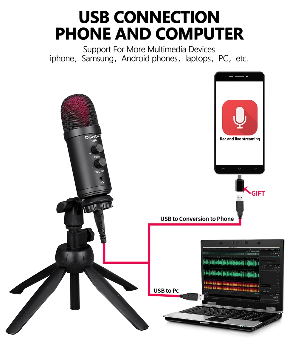 DGNOG  M80 USB Capacitor Bluetooth Microphone with Bracket Popular Filter type-C Converter Suitable for PC Game and  Music Lover