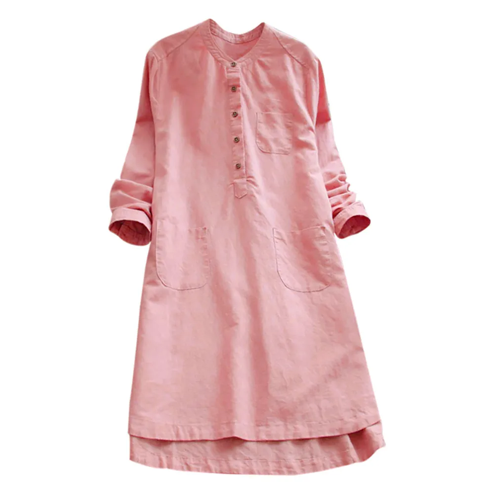 Womens Solid Full Sleeve O-Neck Summer Cotton Linen Maxi Dress Long Sleeve Casual Boho Kaftan Tunic Gypsy Ethnic S-5XL