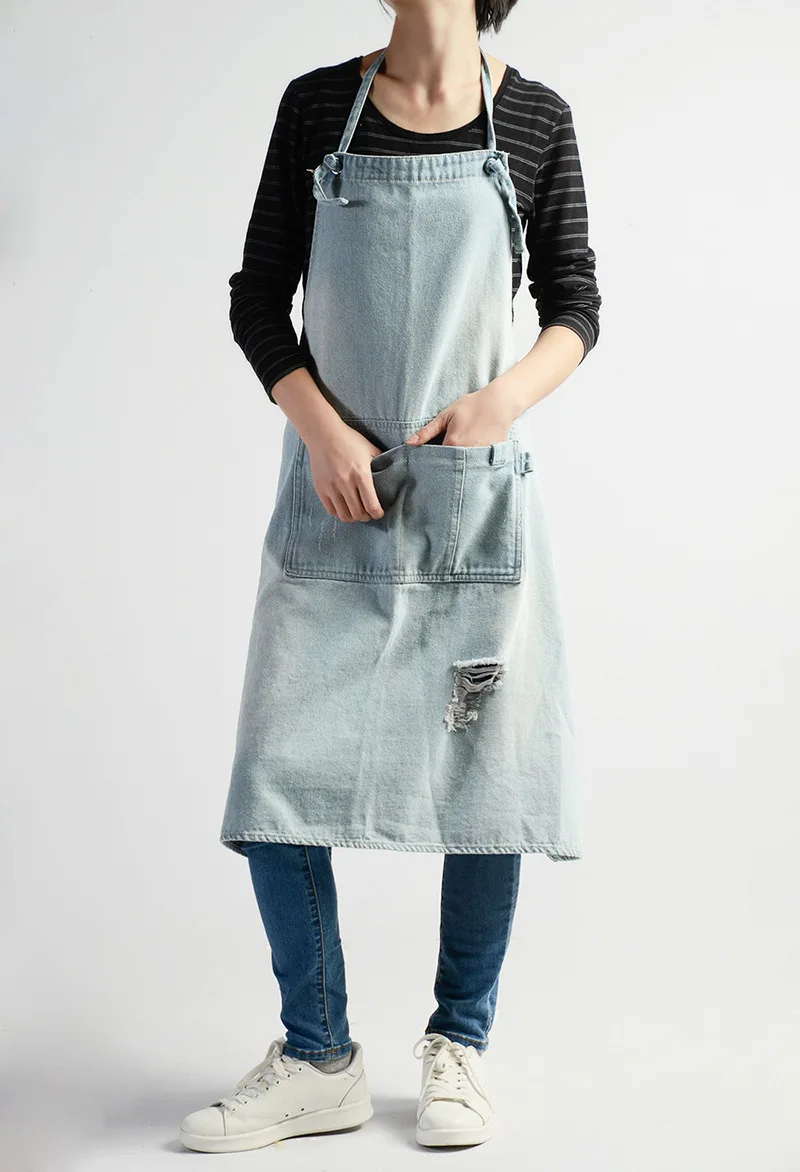 Vintage Blue Kitchen Denim Aprons For Men Women Unisex Homewear Workwear Apron For Cooking Chef Barista Bartender