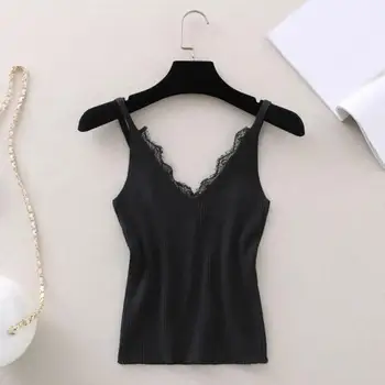 

Women Solid Color Lace Trim V Neck Sleeveless Camisole Vest Slims Fits Tank Top