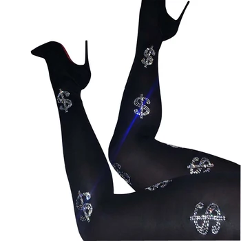 

Lucky Dollar Sexy Women Geometric Pattern Rhinestone Tights Rivet Winter Solid Shiny Letters Pantyhose Women's Plus Size