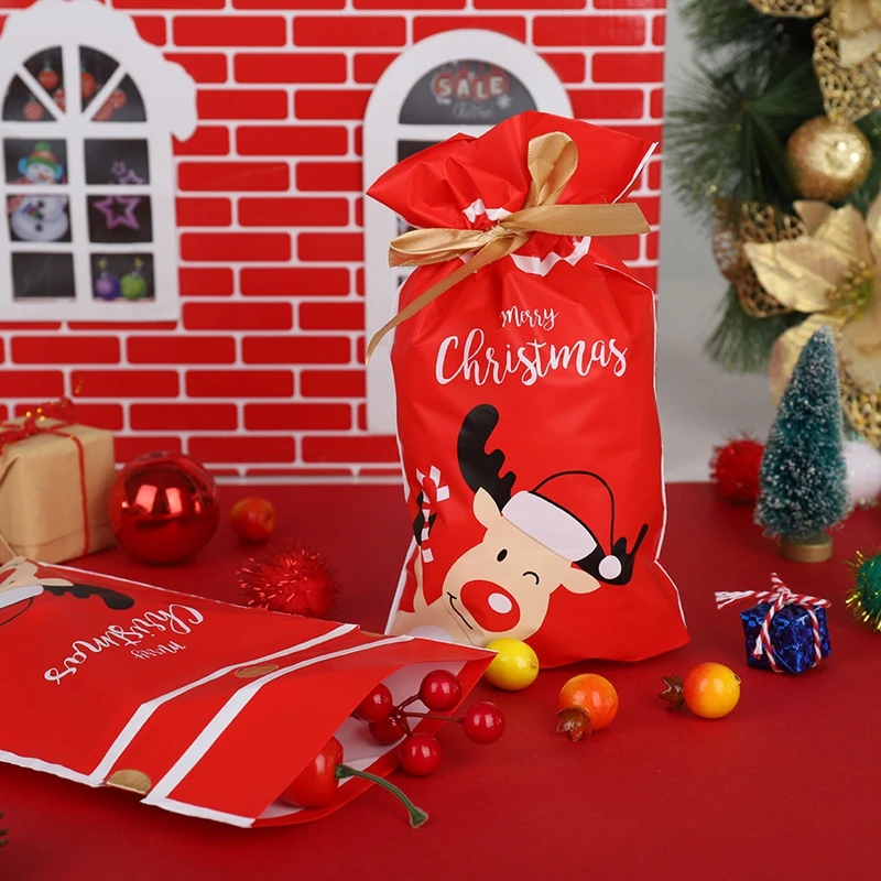 Merry Christmas Candy Bag Drawstring Bags Silk Ribbon For Birthday Wedding Party Decora Kids Gift Wrapping Supplies