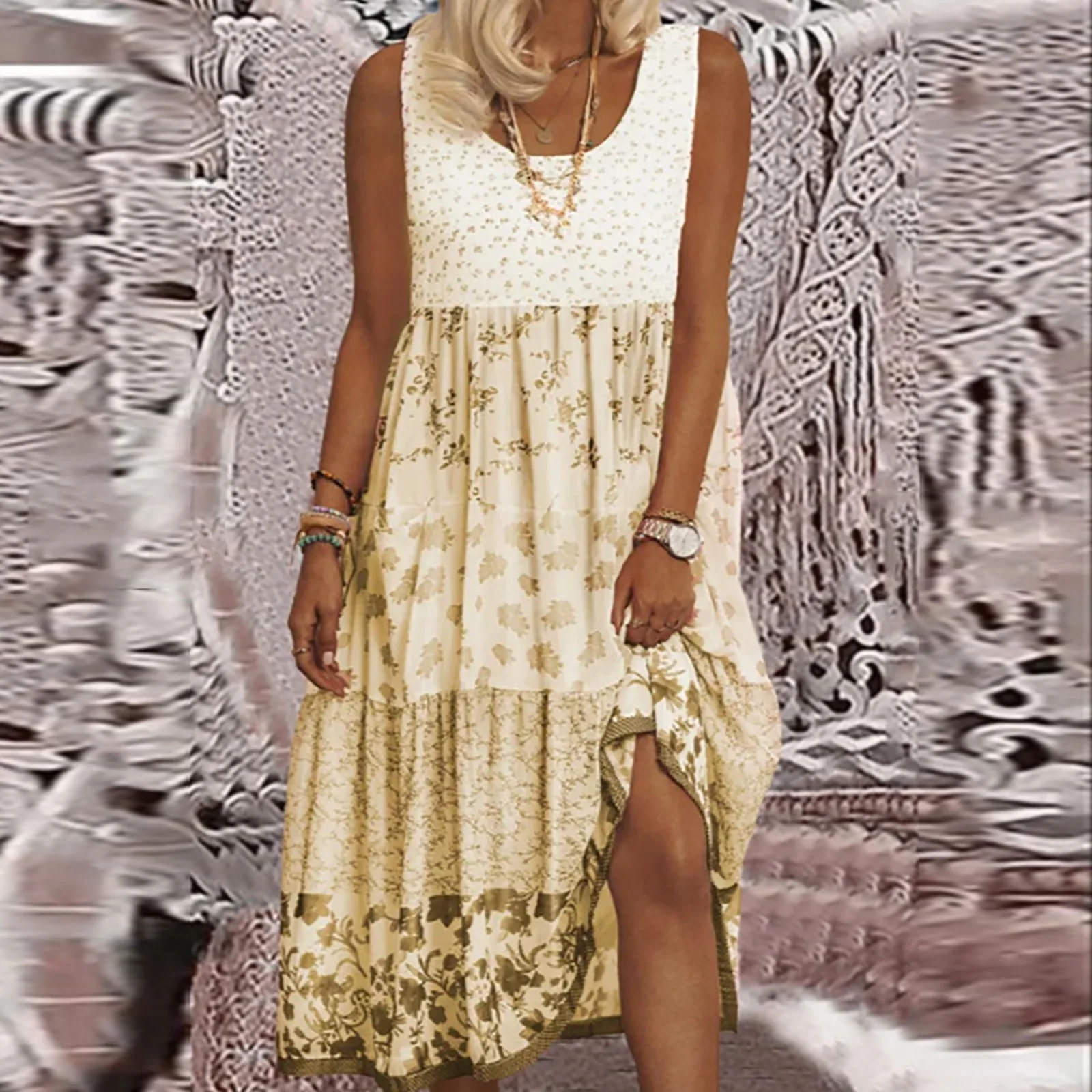 Women Summer Printing Dress Splicing O-Neck Casual Plus Size Ladies New Beach Tank Dress Sleeveless Refreshing Loose Vestido 2