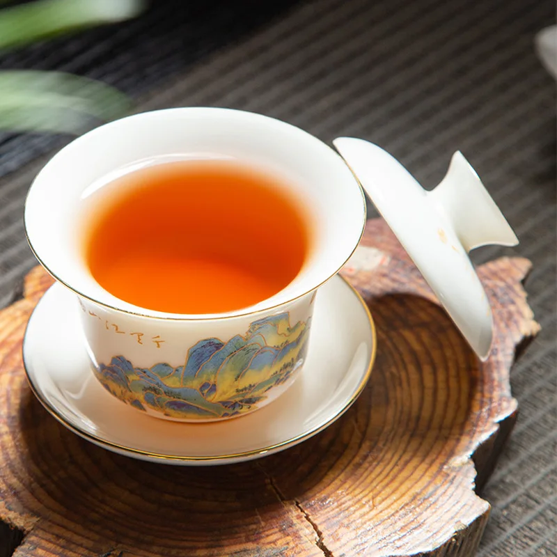 Mutton-fat Jade White Porcelain Sancai Gaiwan Color Enamel Cover Bowl Lid Saucer Handmade Tea Tureen Teaware Sets 160ML HMLOVE