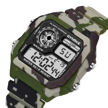 SYNOKE-reloj Digital para hombre, pulsera de camuflaje verde militar, resistente al agua, deportivo, electrónico, con pantalla LED, despertador 1