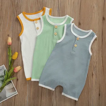 

Baby Romper Cotton Solid Color Round Neck Sleeveless Button Cute Jumpsuit Romper For 0 to 24 Months Babies