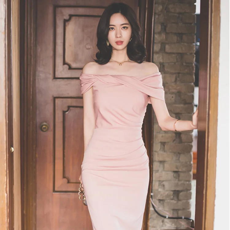 

2019 Spring And Summer WOMEN'S Dress Korean-style Debutante Tight Mini Dress Sexy Horizontal Neck off-Shoulder Sheath Dress Wome