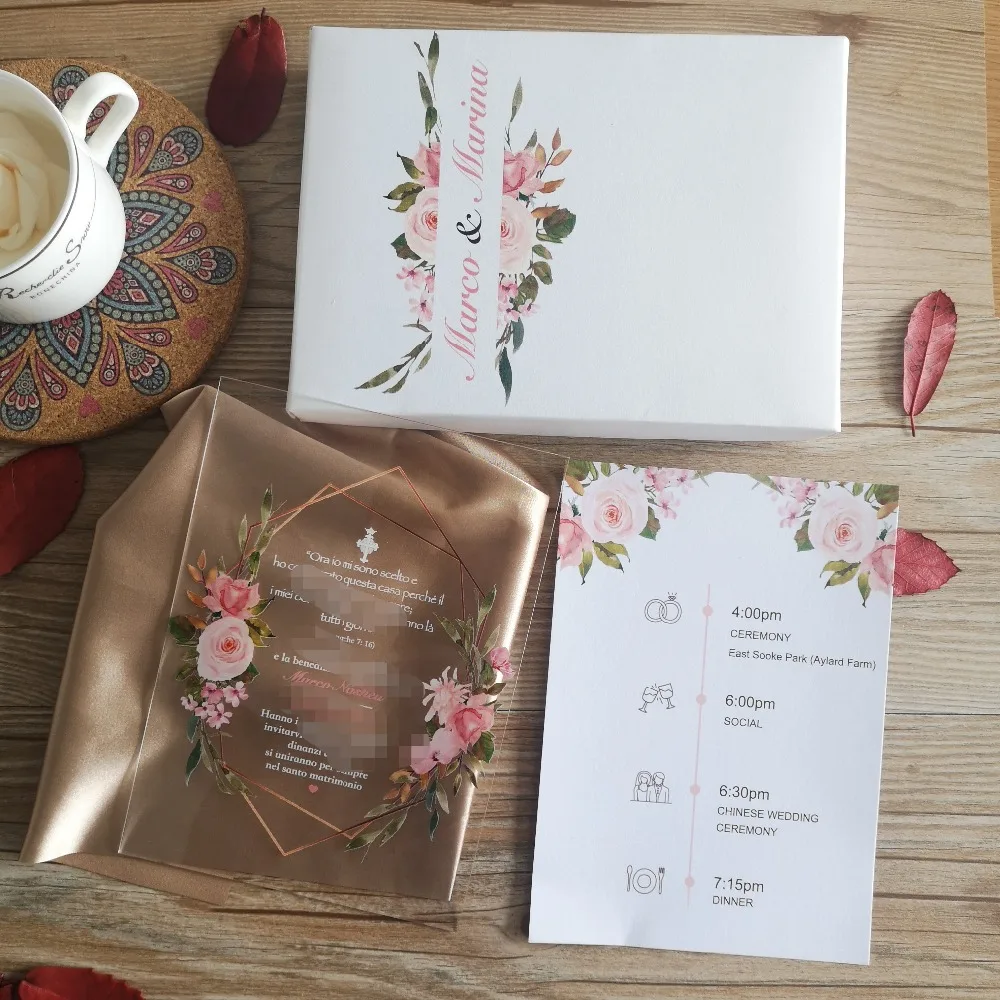 

10pcs Clear Acrylic Card With Printed Box Custom Acrylic Wedding Invitation Card High Quality UV Printing Eco-Friendly Ink
