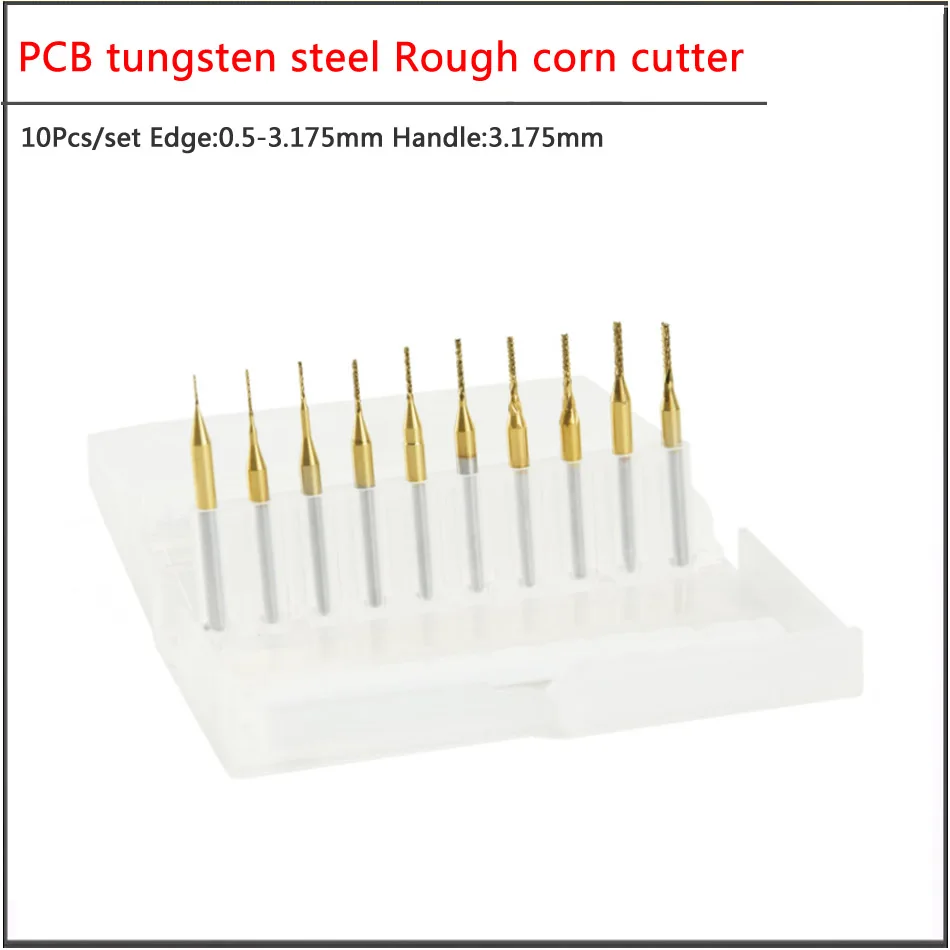 

10pcs set 0.5 0.8 1.0 1.2 1.6 2.0 3.175mm Tungsten steel titanium coated rough corn milling cutter Engraving machine milling cut