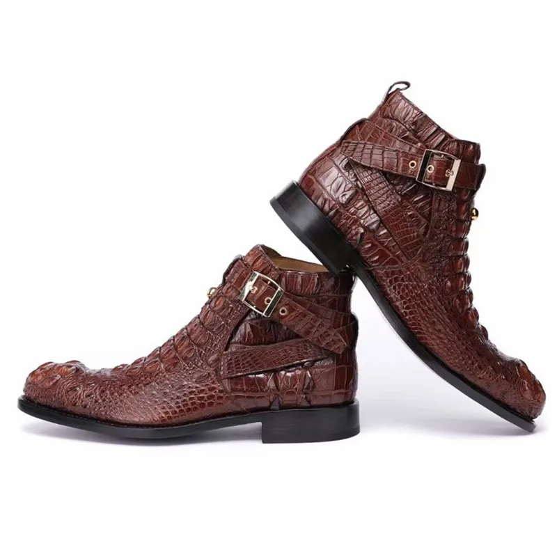 

Authentic Crocodile Skin Handmade Buckle Strap Men Short Ankle Boots Genuine Alligator Leather Male Winter Boot with Wool Inside