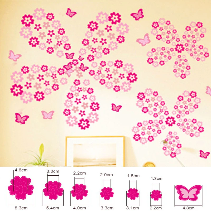 

108 small flowers+6 butterflies Colorful Wall Stickers Beautiful Fridge Stickers Wardrobe Toilet Bathroom Decoration PVC Wall