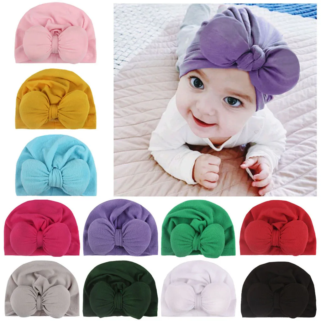 Модная шапка для новорожденных мальчиков и девочек с бантом, однотонная зимняя теплая шапка с принтом, шапка для малышей, реквизит для фотосессии, Разноцветные детские шапки