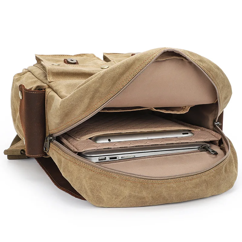 Fashion Retro Men's CanvasBookbag Large Capacity 15 Inch Computer Outdoor Crazy Horse Leather Travel Bag Heavy Duty Satchel
