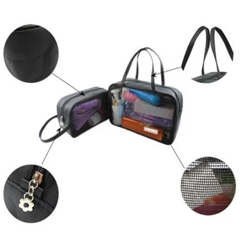 

1Set Simple Black Mesh Cosmetic Storage Bag Clear Zipper Stationery Bag Nylon Makeup Pouch Portable Travel Toiletries Handbag