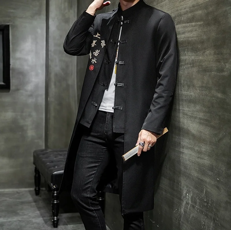 Chinese Style Long Windbreaker Jacket Men Streetwear Oriental Clothes Men Hip Hop Chinese Mandarin Jacket Coat KK3150
