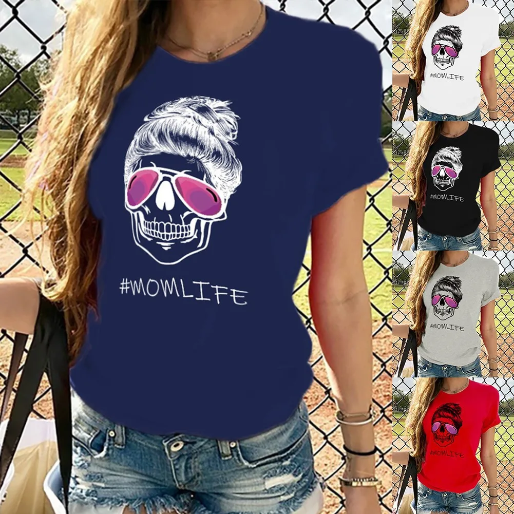 

Mom Life Skull Head Print T Shirt Women Short Sleeve O Neck Loose Tshirt Summer Women Tee Shirt Tops Camisetas Mujer