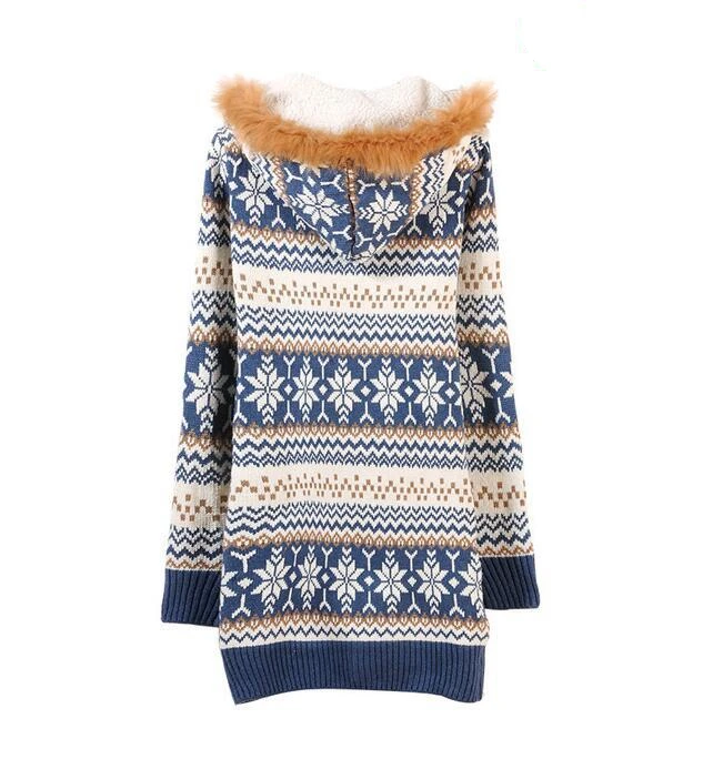 Lugentolo Women Sweater New Autumn Winter Cardigan Medium Length Christmas Snowflake Print Zipper Casual Lady Sweaters