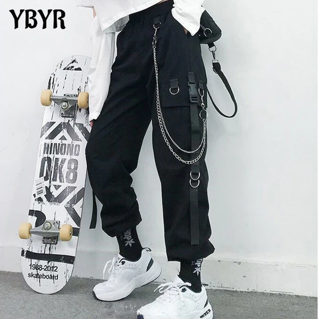 Harem Pants Fashion Punk Pockets Jogger Trousers With Chain Harajuku Elastics High Waist Streetwear 2