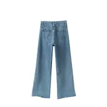 Осенние новые джинсы с высокой талией, женские свободные штаны с широкими штанинами, однобортные джинсовые женские брюки с эффектом потертости, расклешенные джинсы