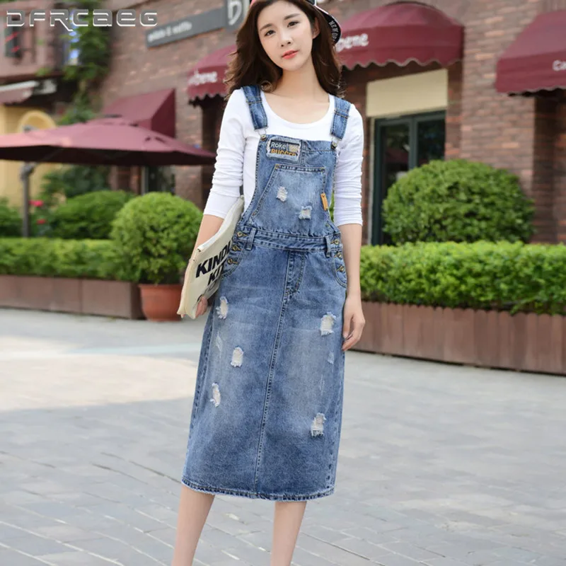 Gonna Jean con bretelle retrò da donna con tasca 2019 tuta con cinturino  strappato a vita alta estiva gonna in Denim con foro femminile|Skirts| -  AliExpress