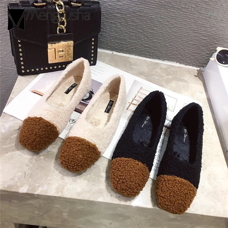Patchwork Wool Flats Shoes Woman Winter Polar Fleece Loafers Espadrilles Ballet Ladies Sheep Fur Shoes Women Ballerina Moccasins