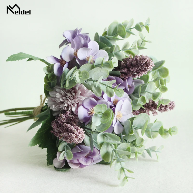 B-purple Meldel Свадебный букет невесты Фортуна шар Искусственный шелк цветок букет помпон Бегония лист эвкалипта Свадебные букеты - Цвет: B-purple
