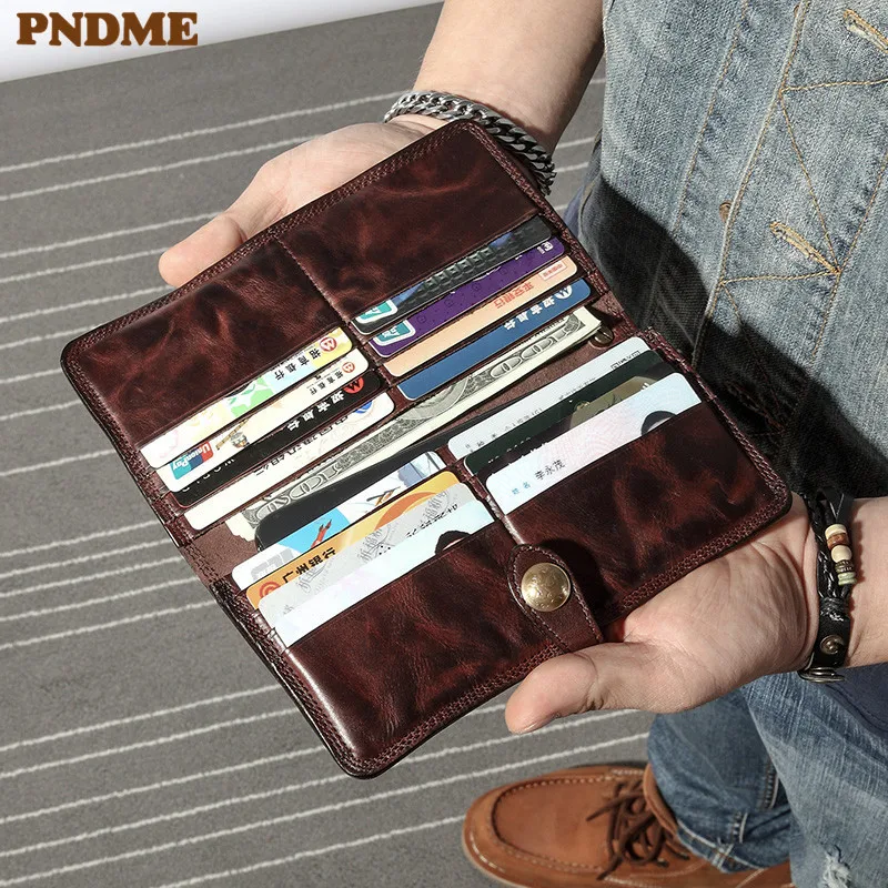 

PNDME fashion vintage genuine leather men's women clutch wallet high quality soft cowhide party business card holder card purse
