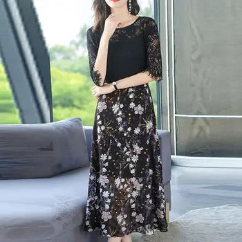 

2020 New Summer Women Floral Printed Hollow Out Dress Female O-neck Chiffon Lace Patchwork Long Dress Vestidos Plus Size 4XL H81