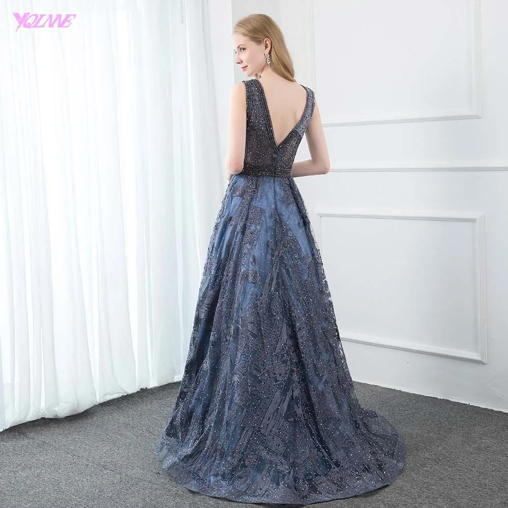 Элегантное темно-синее кружевное вечернее платье с вышивкой, длинное вечернее платье с v-образным вырезом и кристаллами, вечернее платье без рукавов, YQLNNE