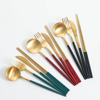 

5 Pcs Gold Red Cutlery Set Stainless Steel Steak Knife Fork Spoon Western Dinnerware Set Reusable Kitchen Flatware Set KK60CJ
