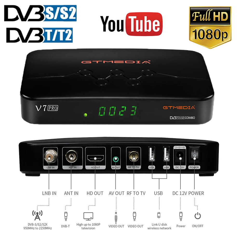 Это H.265 T2 наземного спутниковый ТВ приемник Combo GTMEDIA V7 Pro DVB S/S2/S2X/T/T2 + USB Wi-Fi Поддержка