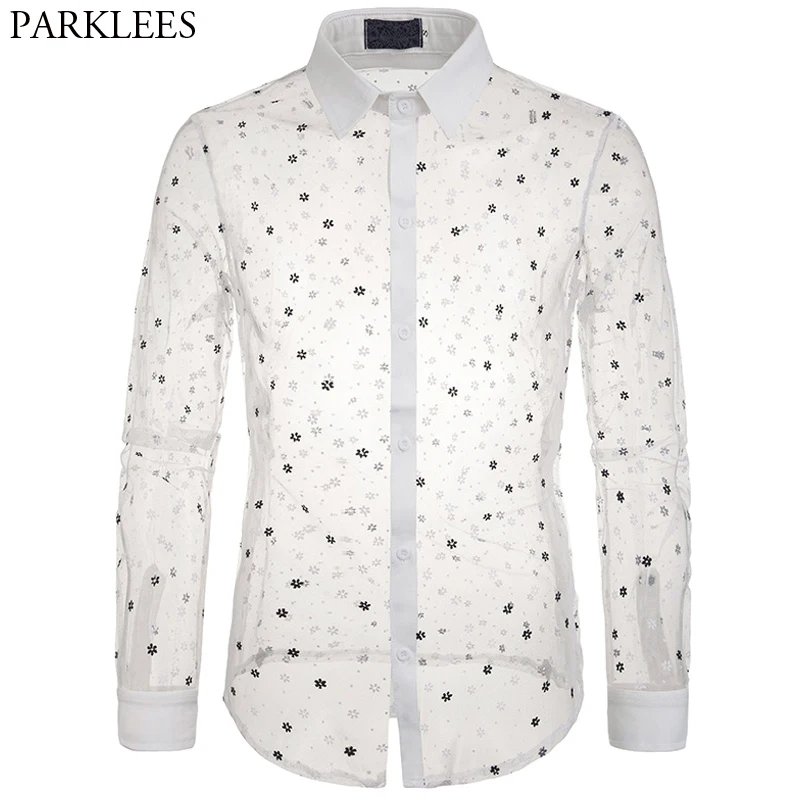 Beste Sexy Black Lace Shirt Mannen Nieuwe See Through Heren Dress Shirts Lange Mouwen Bloemen Transparante Night Club Stage Dance Chemise homme