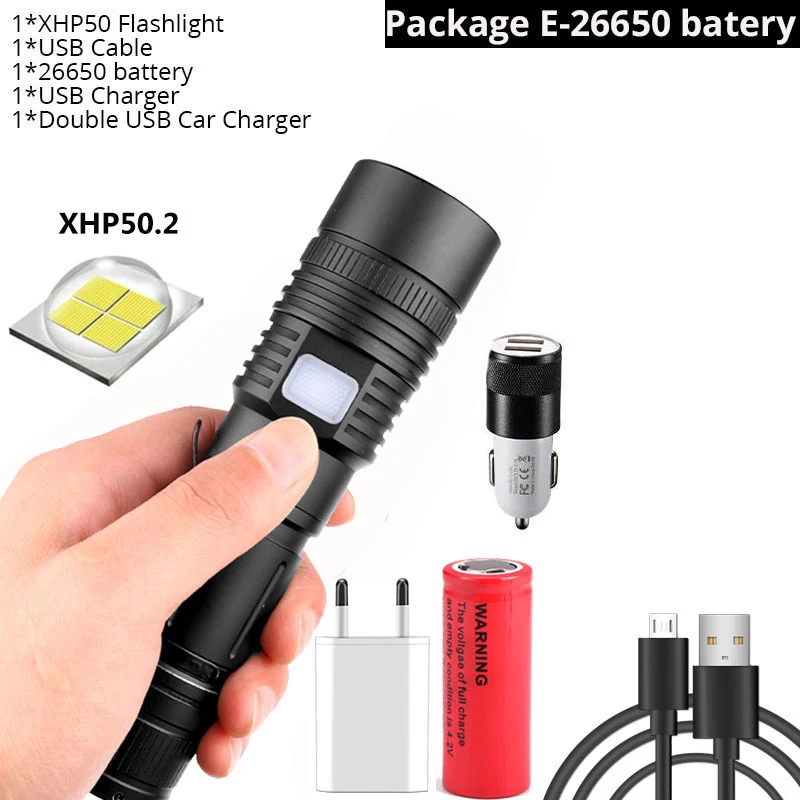 4000лм Xlamp XHP50.2 фонарик с подзарядкой от USB, Ультра мощный фонарь XHP50, светодиодный фонарь с увеличением, с батареей 18650 26650 - Испускаемый цвет: Package E
