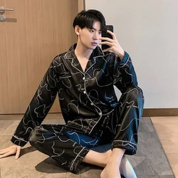 Two Piece Set Home Wear For Men Trendyol Long Sleeve Lounge Pajama Sets Printing Turn-down Collar Silk Satin Plus Size Sleepwear