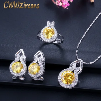 

CWWZircons Brand Sparkling Yellow Cubic Zirconia Stone Earring and Necklace Rings Fashion Women Engagement Jewelry Sets T199