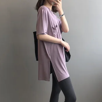 

2020 Summer New Korean Style Loose Soft Long Side Slit Design Short Sleeve T-shirt Women Casual Solid Color Tees Tops Streetwear
