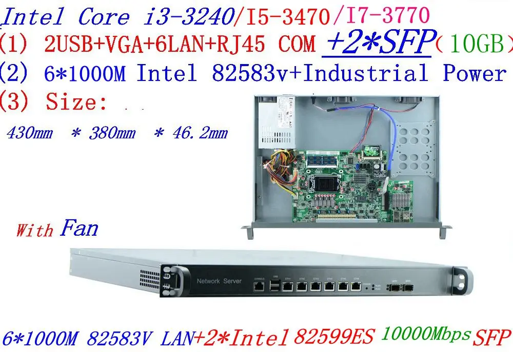 Intel Core I3 3240 шесть портов Gigabit lan с 2 SFP 10 Гб 1U брандмауэр маршрутизатор программное