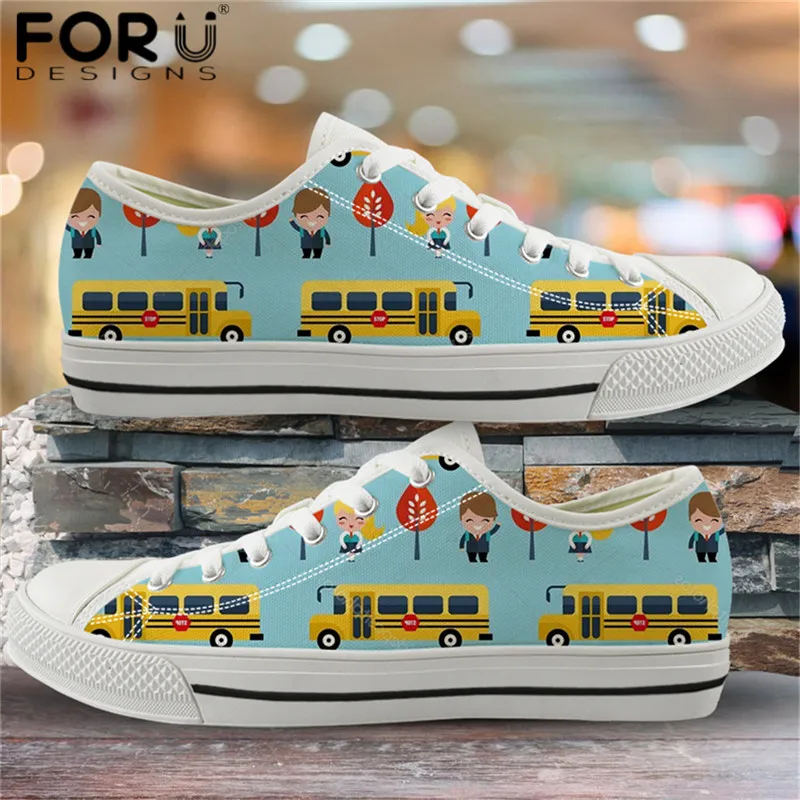 

FORUDESIGNS Cartoon School Bus Pattern Canvas Flats Funny Women Print on Demand Vulcanized Shoes Light Lace Up Outdoor Footwear