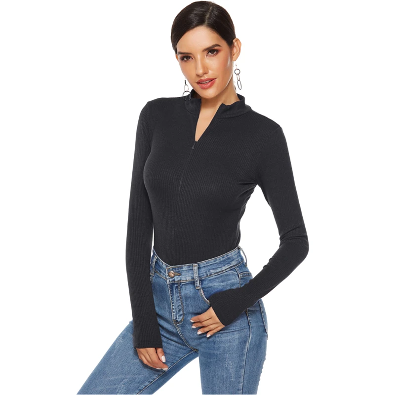 Fall 2020 Women Ribbed Sexy Bodycon Bodysuit for Women Elegant Ladies Autumn Open Stitch Black Long Sleeve Bodysuit Plus Size