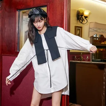 

Plus size Spring 2020 New Women Vintage Fake Two Piece Patchwork Long Sleeve Single Breasted Fashion Loose Shirt Female
