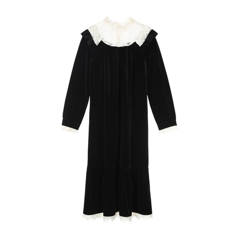 Осенне-зимнее дизайнерское длинное платье макси с длинным рукавом и рюшами элегантное винтажное кружевное бархатное платье с рукавом-фонариком повседневное Черное женское платье