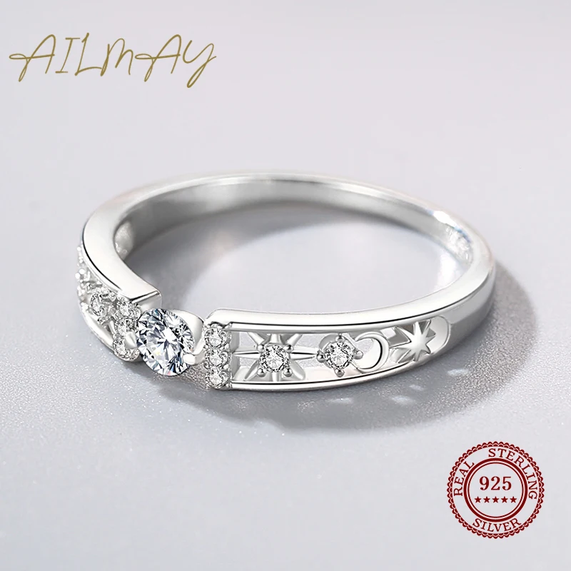 Silver rings Silver ring Wedding rings Ailmay Real 925 Sterling Silver Line Clear CZ Finger Rings Geometric Line Rings For Women Classic Wedding Statement Jewelry
