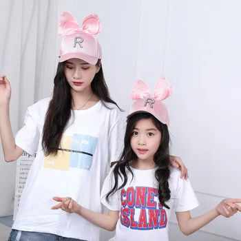

Spring Summer Mommy and me hats Children Baseball Cap Girls Snapback Hip Hop Caps Lurex Rabbit Ear Pearl Bow Kids Cute Sun Hat