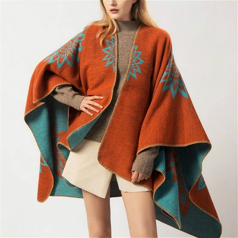 Женский толстый шарф-шаль, этнический цветочный узор, Пашмина, зимняя теплая накидка, модное разноцветное элегантное пончо, 923-439