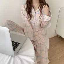 Cute Grid Girls Pajamas Set Korean Autumn Winter New Long Sleeve Leisure Sleepwear Women Loose Nightwear Homewear Suit